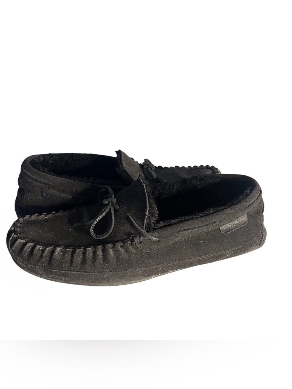 COACH Fleece Sherpa Moccasin Slippers Black Suede Mens Size 10D CC743